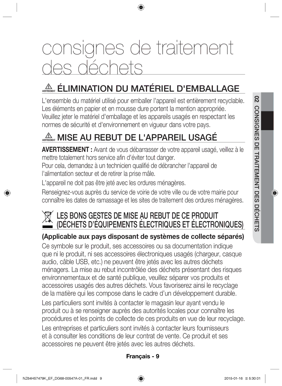 Samsung NZ64H57479K/EF Avertissement Élimination du matériel demballage, Avertissement Mise au rebut de lappareil usagé 