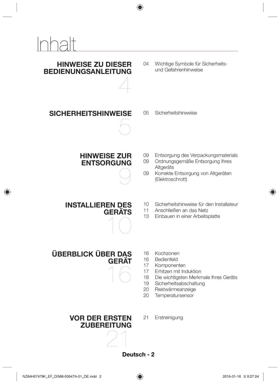 Samsung NZ64H57479K/EF manual Inhalt, Hinweise zu dieser Bedienungsanleitung 