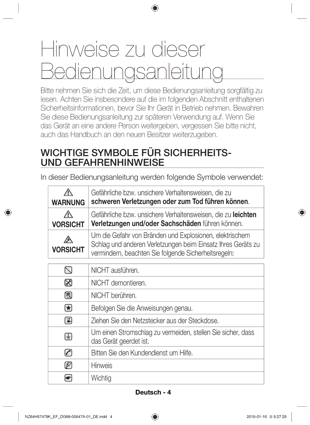 Samsung NZ64H57479K/EF manual Wichtige Symbole für Sicherheits- und Gefahrenhinweise 