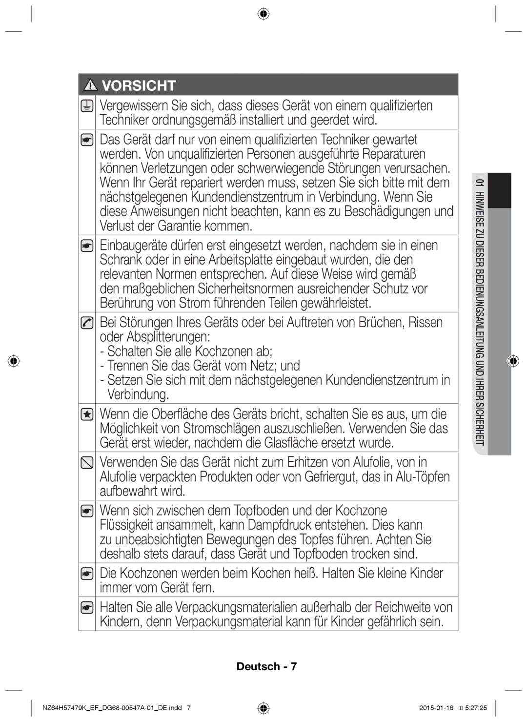 Samsung NZ64H57479K/EF manual Vorsicht 