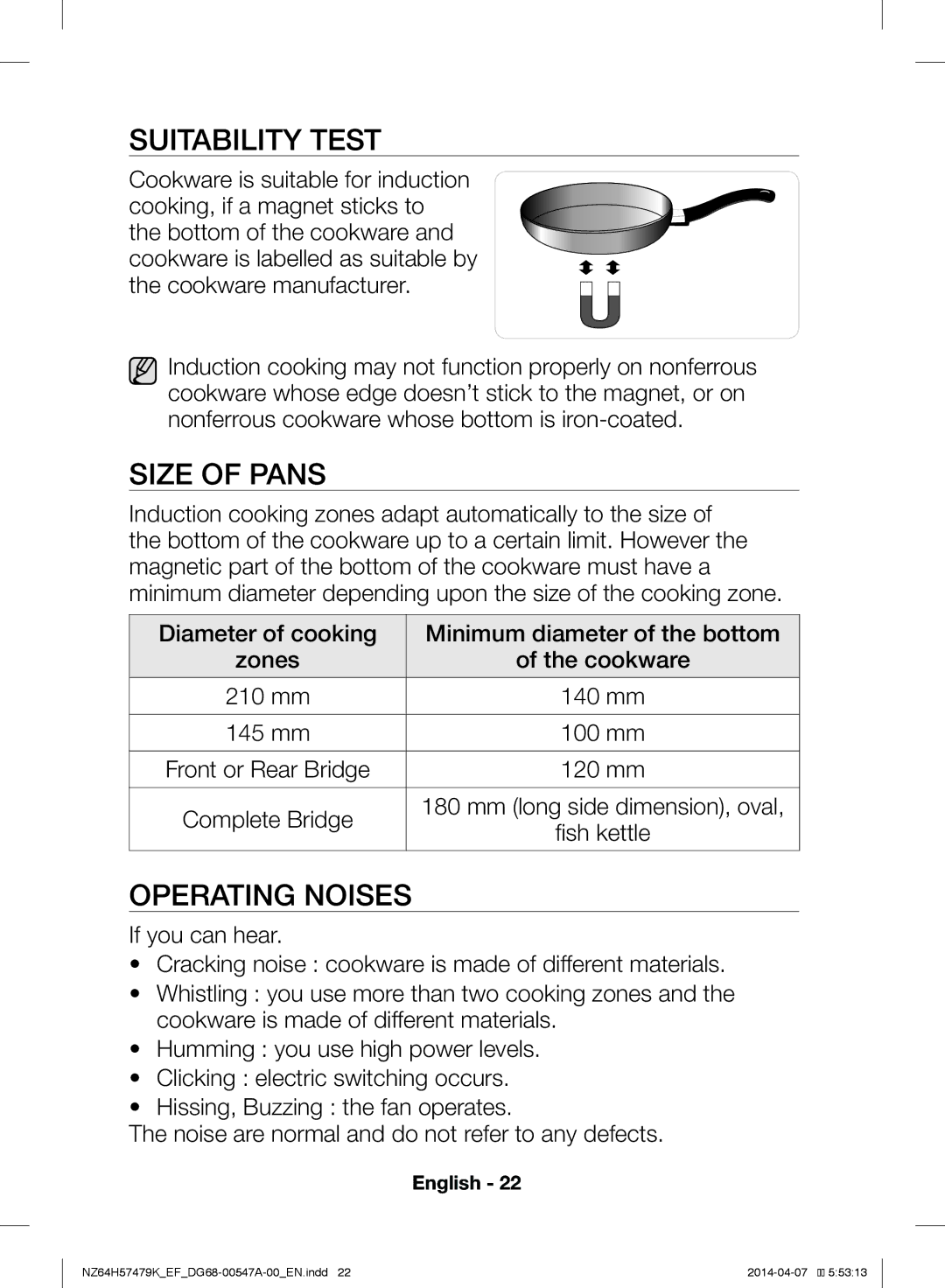 Samsung NZ64H57479K/EF manual Suitability Test, Size of Pans, Operating Noises 