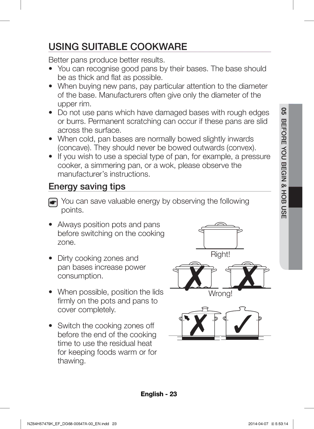 Samsung NZ64H57479K/EF manual Using Suitable Cookware, Energy saving tips 