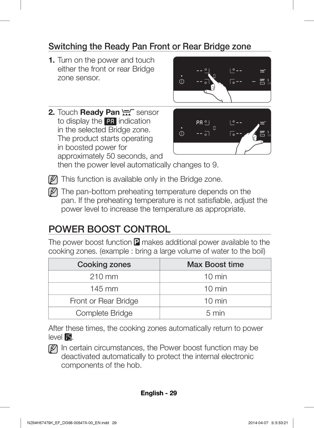 Samsung NZ64H57479K/EF manual Power Boost Control, Switching the Ready Pan Front or Rear Bridge zone 