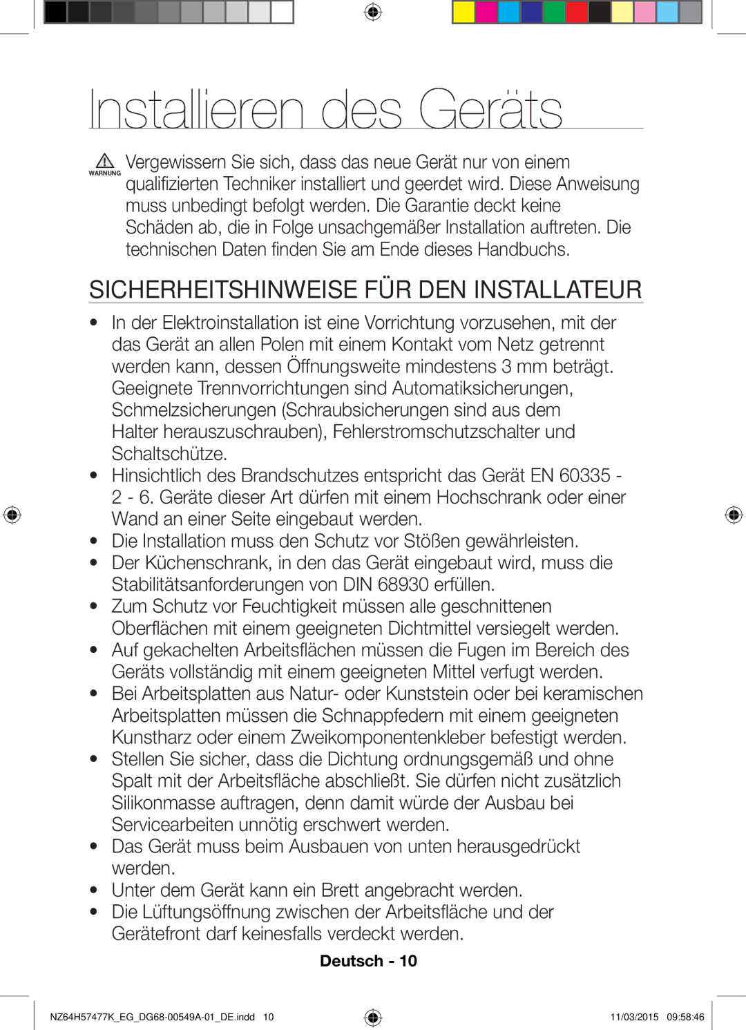 Samsung NZ64H57479K/EG, NZ64H57477K/EG manual Installieren des Geräts, Sicherheitshinweise FÜR DEN Installateur 