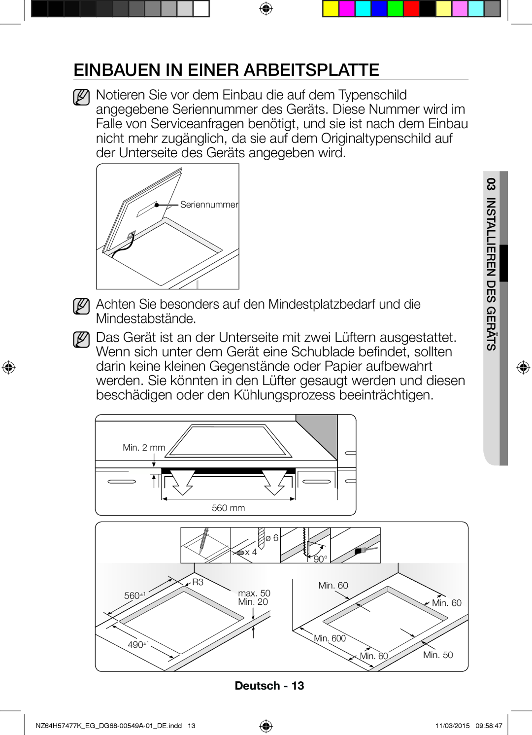 Samsung NZ64H57477K/EG, NZ64H57479K/EG manual Einbauen in Einer Arbeitsplatte 