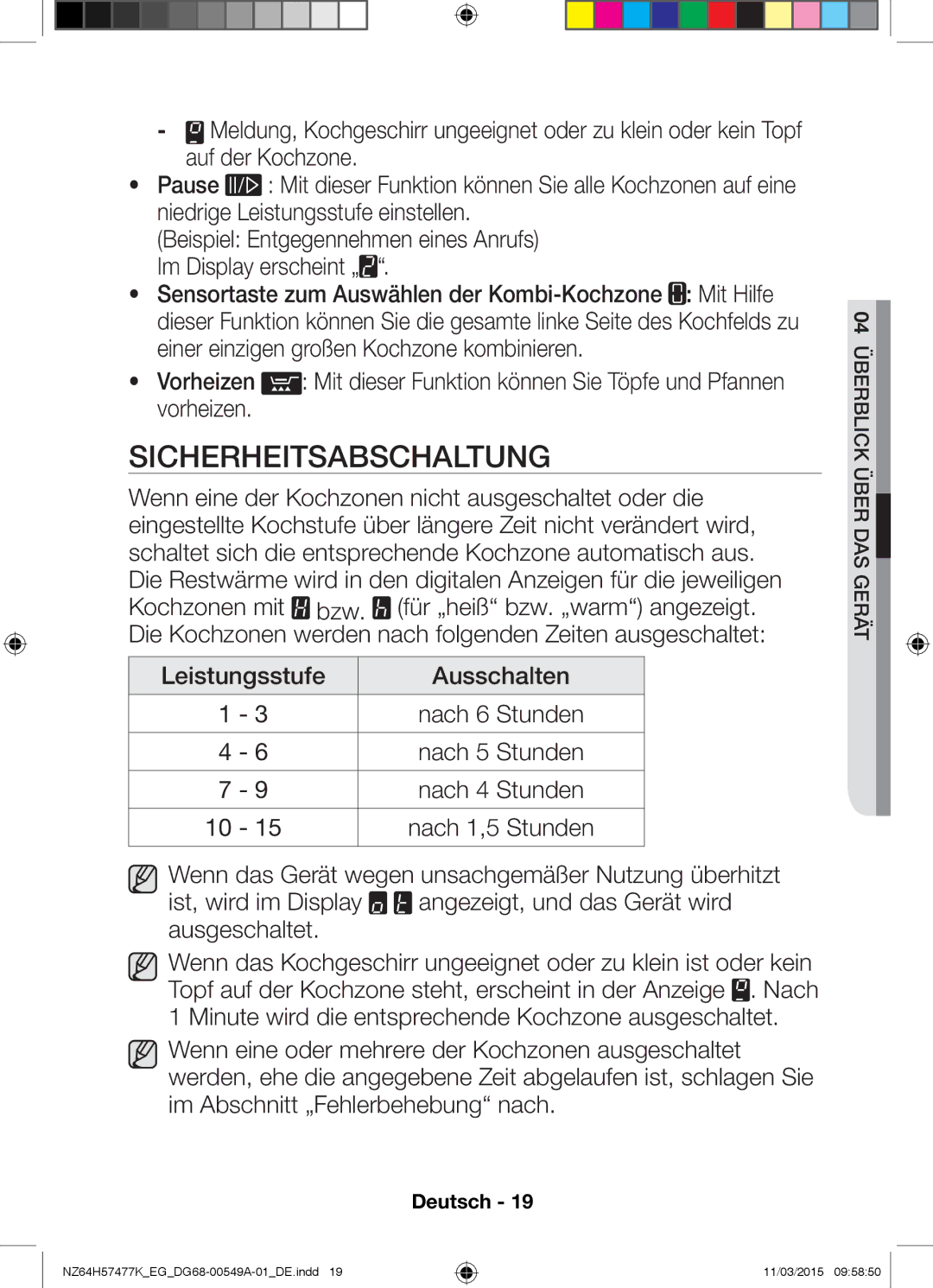 Samsung NZ64H57477K/EG, NZ64H57479K/EG manual Sicherheitsabschaltung 