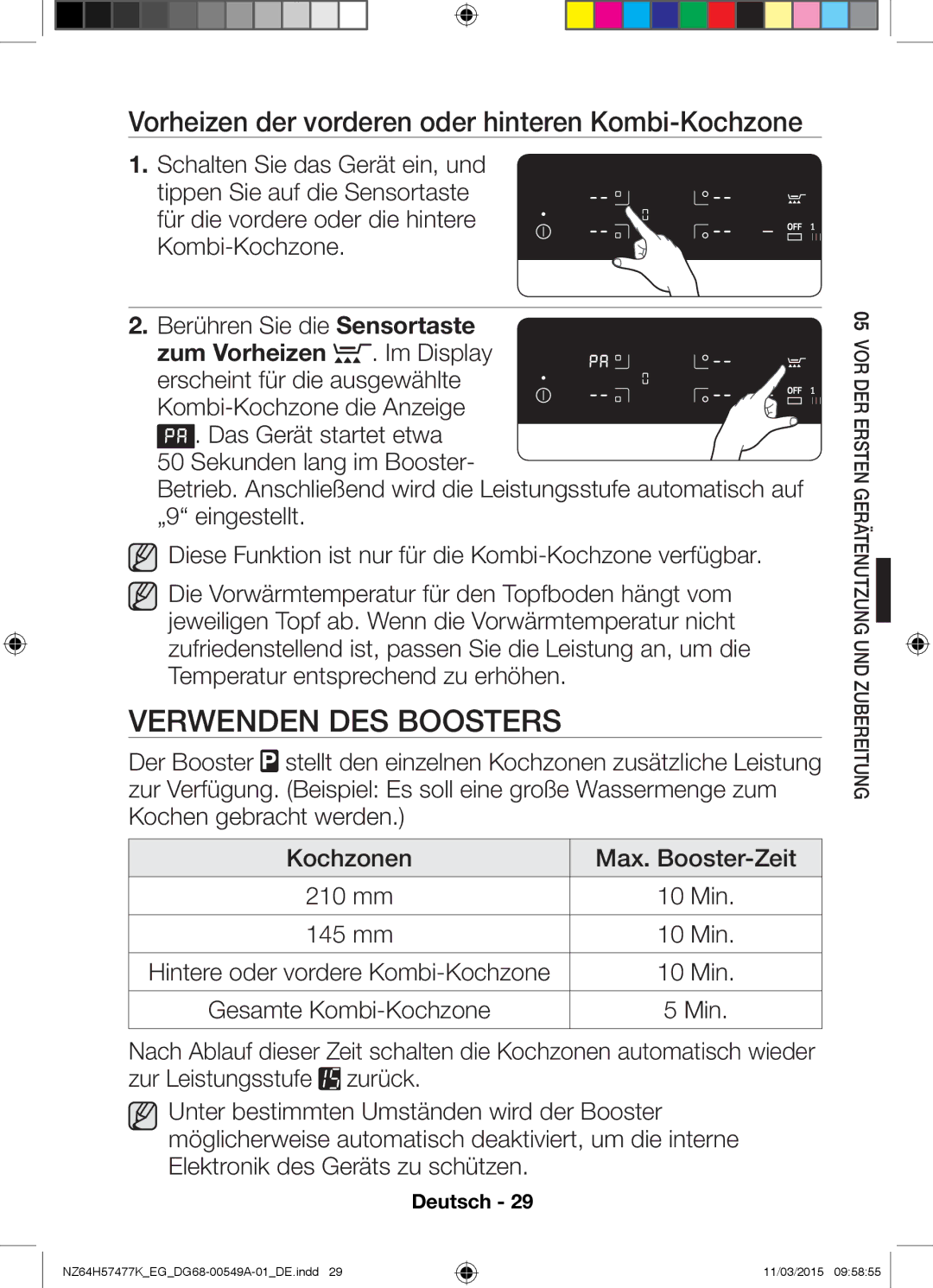 Samsung NZ64H57477K/EG, NZ64H57479K/EG Verwenden DES Boosters, Vorheizen der vorderen oder hinteren Kombi-Kochzone, Min 