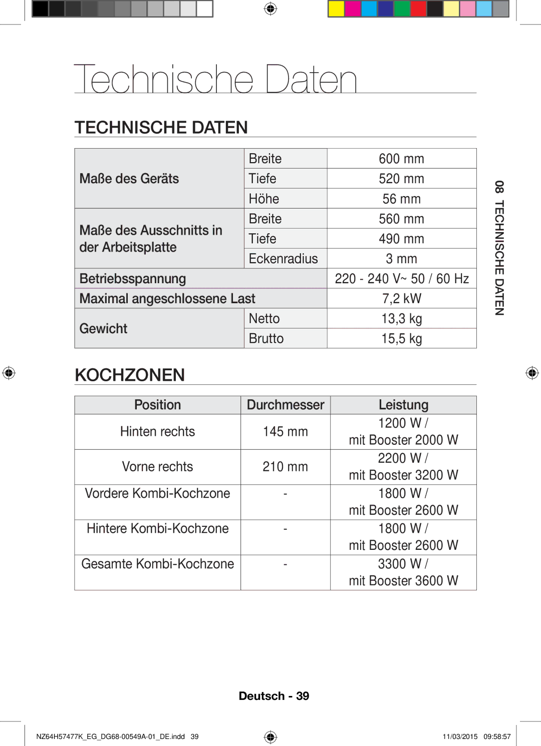 Samsung NZ64H57477K/EG, NZ64H57479K/EG manual Technische Daten 