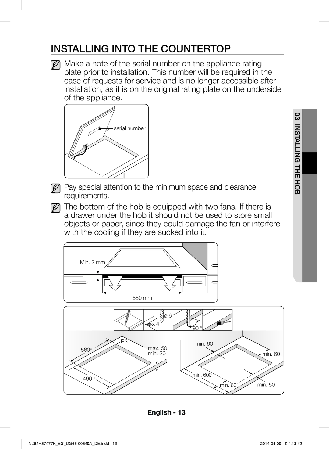 Samsung NZ64H57477K/EG, NZ64H57479K/EG manual Installing Into the Countertop 