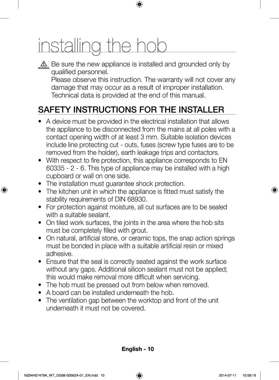 Samsung NZ64H57479K/WT, NZ64H57477K/WT manual Installing the hob, Safety Instructions for the Installer 