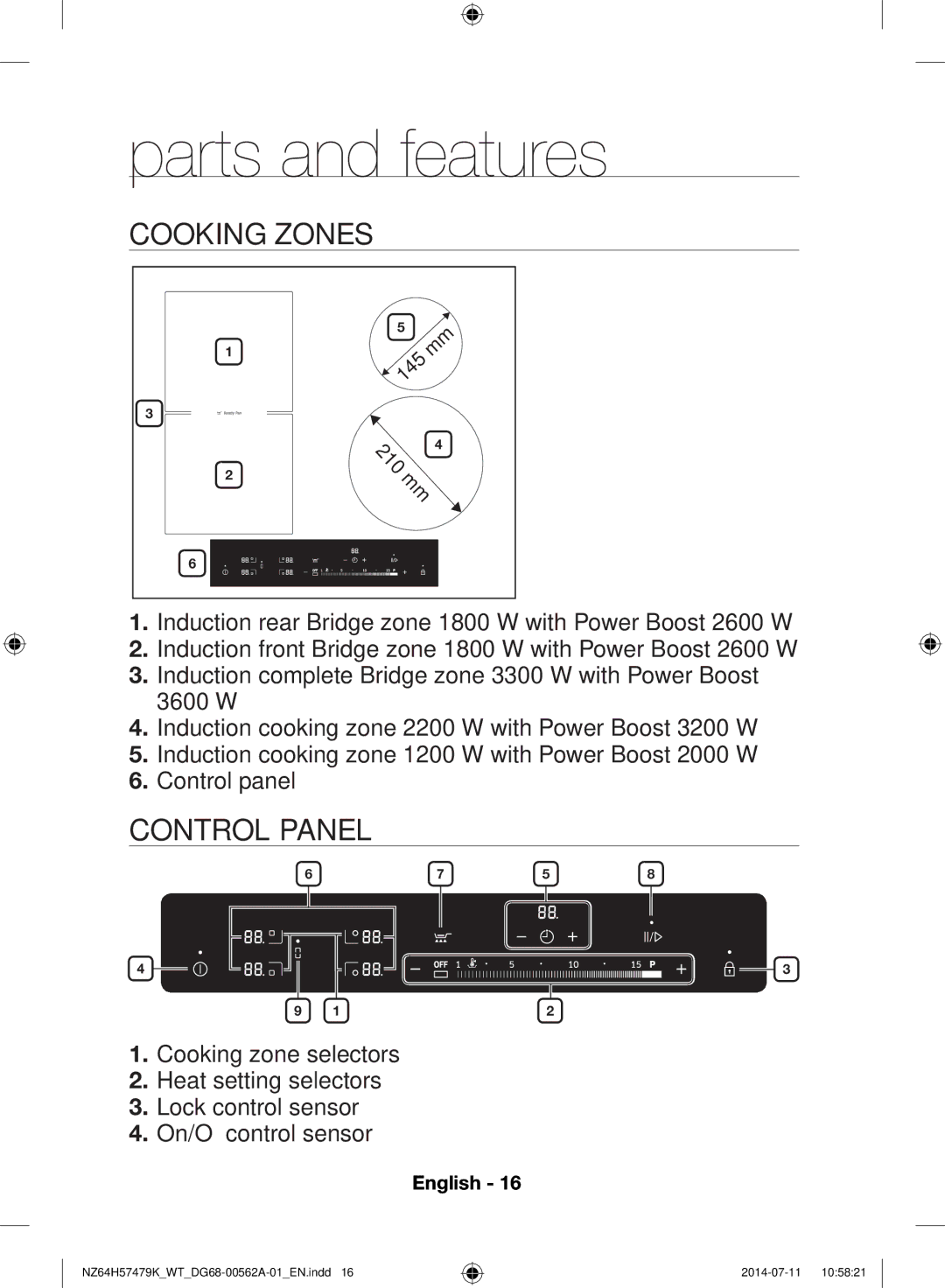 Samsung NZ64H57479K/WT, NZ64H57477K/WT manual Parts and features, Cooking Zones, Control Panel 