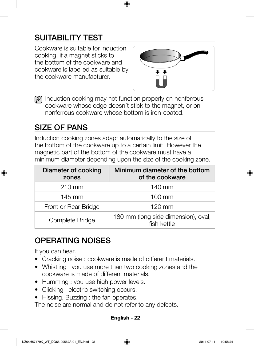 Samsung NZ64H57479K/WT, NZ64H57477K/WT manual Suitability Test, Size of Pans, Operating Noises 