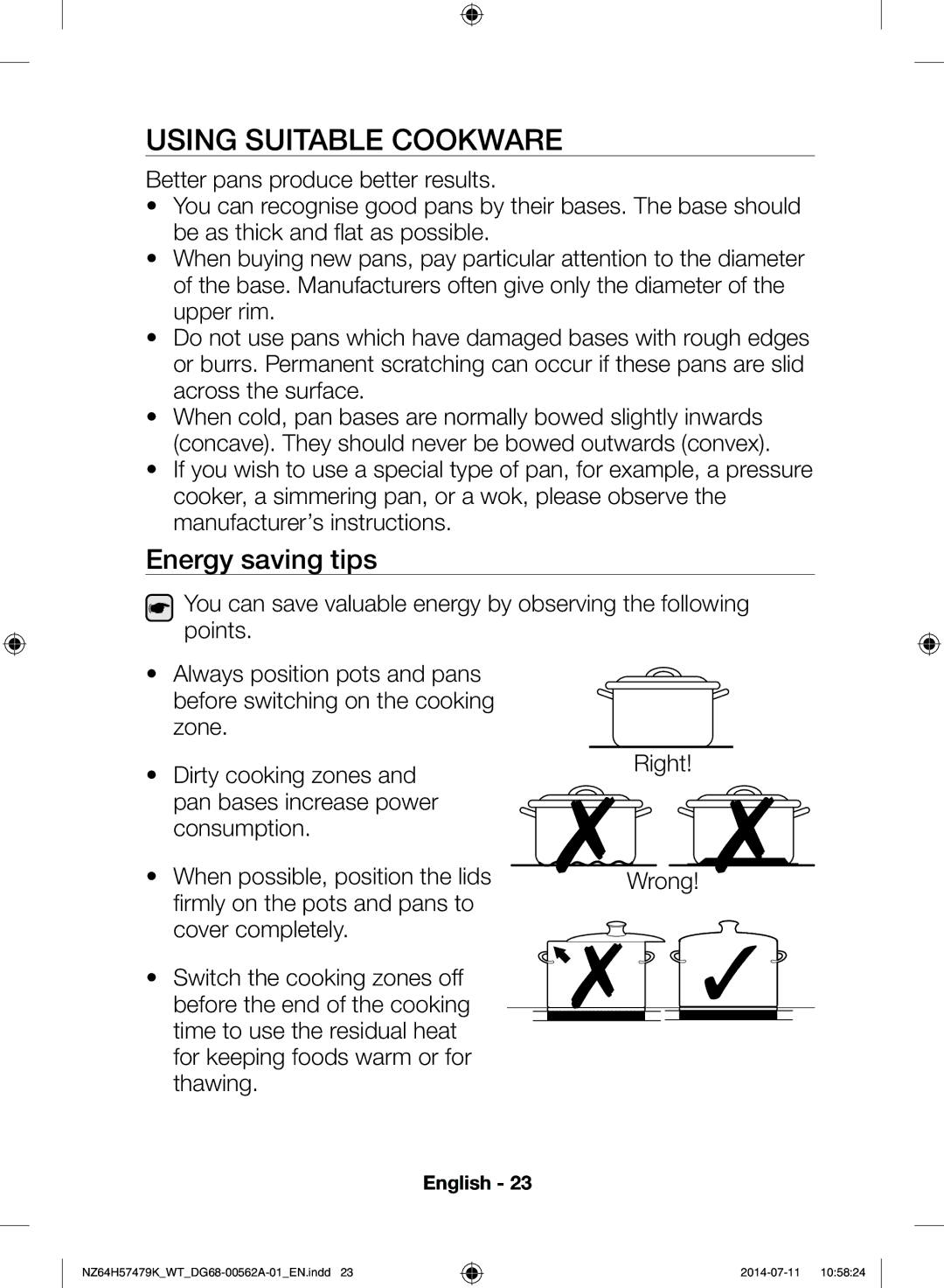 Samsung NZ64H57477K/WT, NZ64H57479K/WT manual Using Suitable Cookware, Energy saving tips 