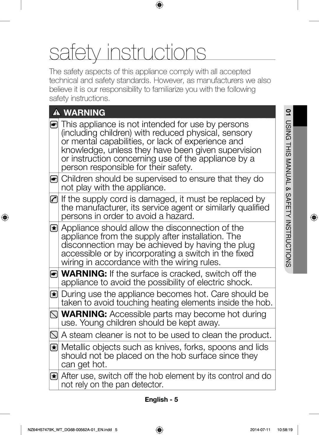 Samsung NZ64H57477K/WT, NZ64H57479K/WT manual Safety instructions 