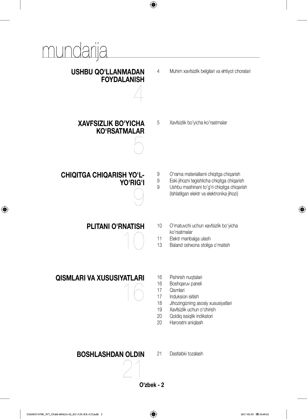 Samsung NZ64H57479K/WT, NZ64H57477K/WT manual Mundarija, Plitani Ornatish 