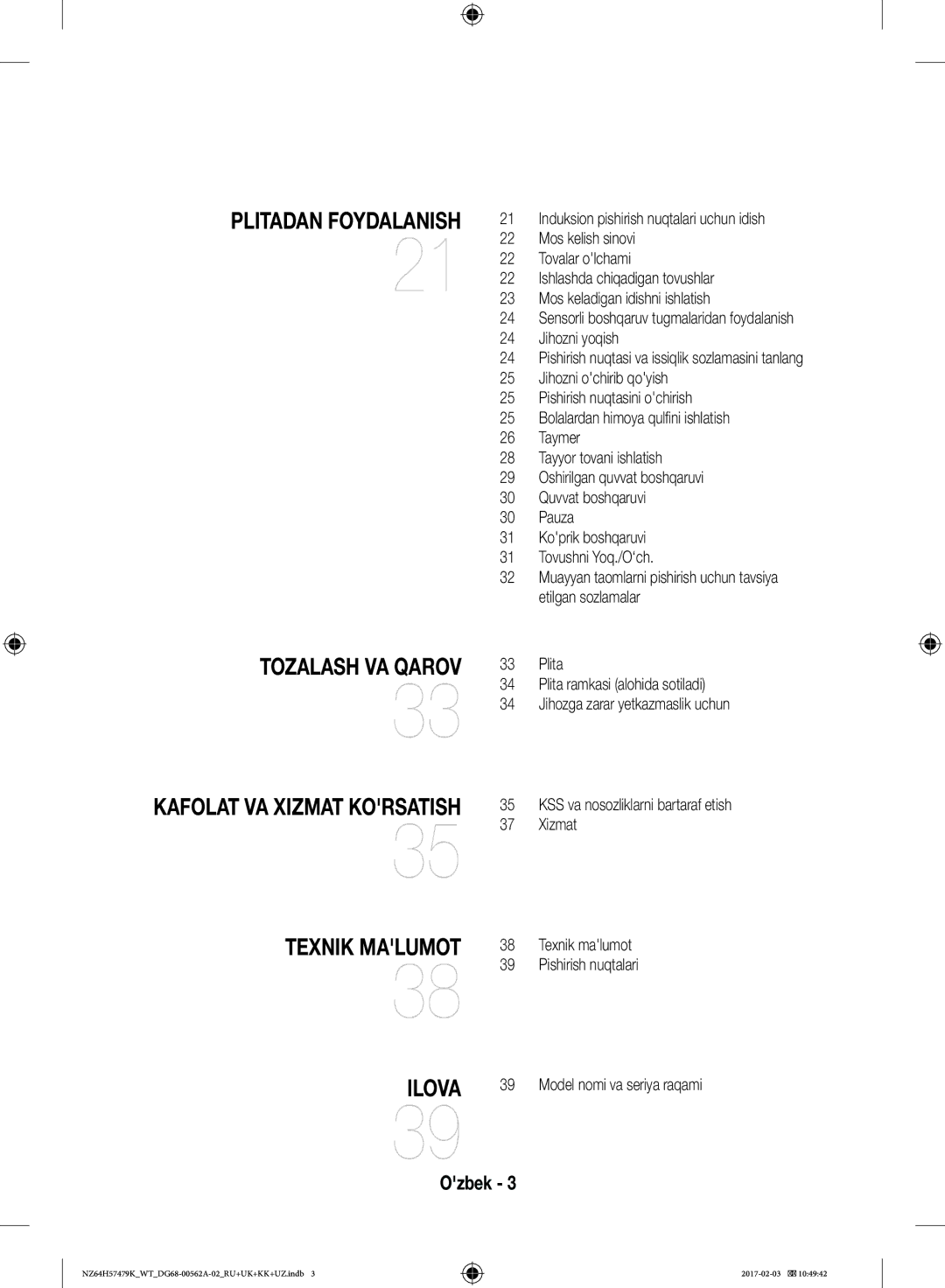 Samsung NZ64H57477K/WT, NZ64H57479K/WT manual Tozalash VA Qarov 