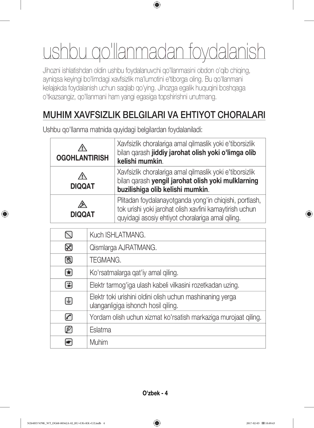 Samsung NZ64H57479K/WT Muhim Xavfsizlik Belgilari VA Ehtiyot Choralari, Kelishi mumkin, Buzilishiga olib kelishi mumkin 