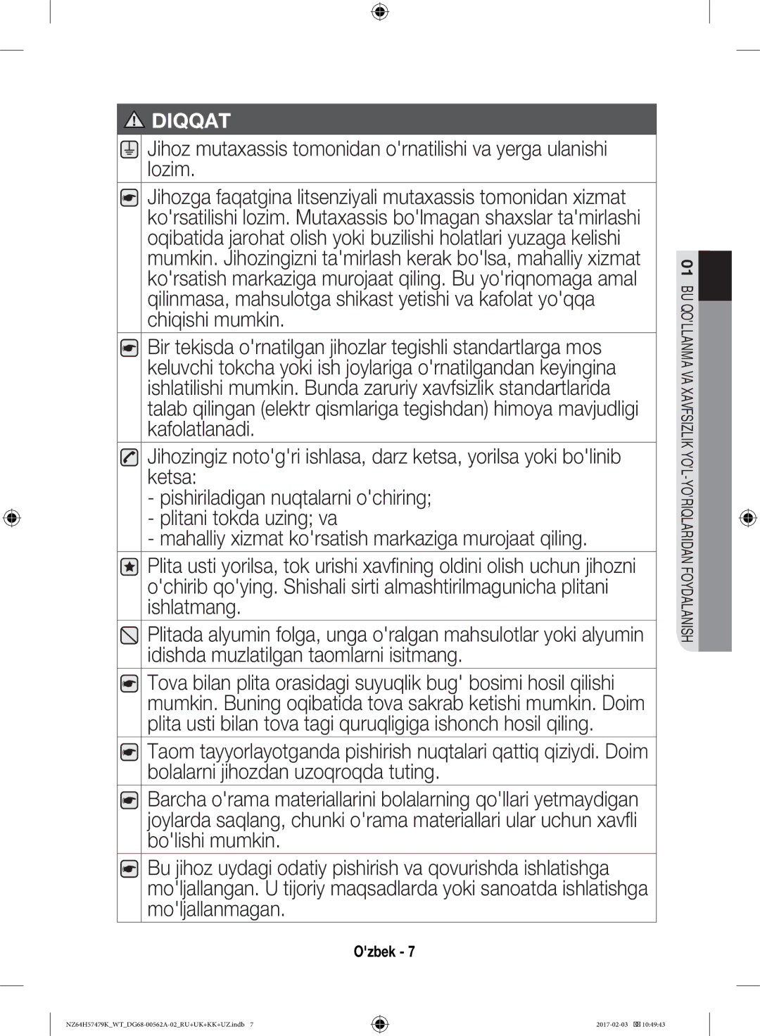 Samsung NZ64H57477K/WT, NZ64H57479K/WT manual Diqqat 