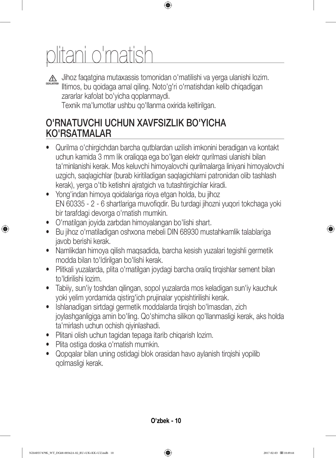 Samsung NZ64H57479K/WT, NZ64H57477K/WT manual Plitani ornatish, Ornatuvchi Uchun Xavfsizlik Boyicha Korsatmalar 