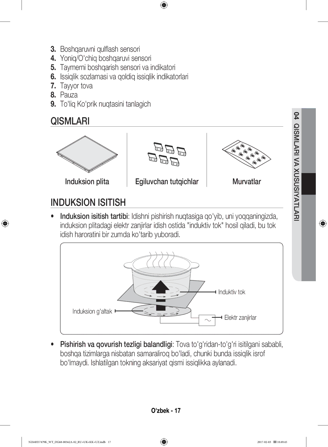 Samsung NZ64H57477K/WT, NZ64H57479K/WT manual Qismlari, Induksion Isitish, Induksion plita Egiluvchan tutqichlar 