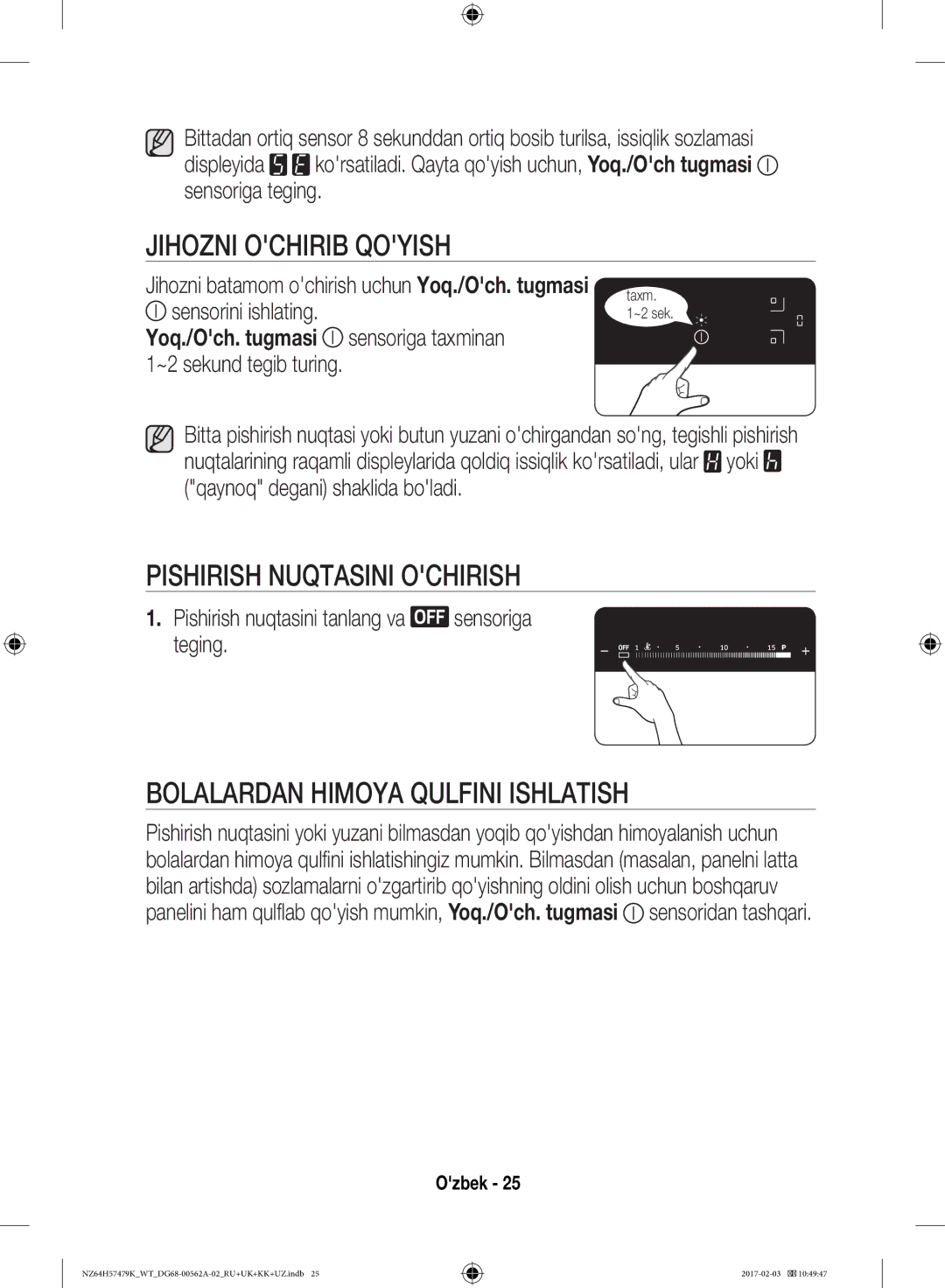 Samsung NZ64H57477K/WT manual Jihozni Ochirib Qoyish, Pishirish Nuqtasini Ochirish, Bolalardan Himoya Qulfini Ishlatish 