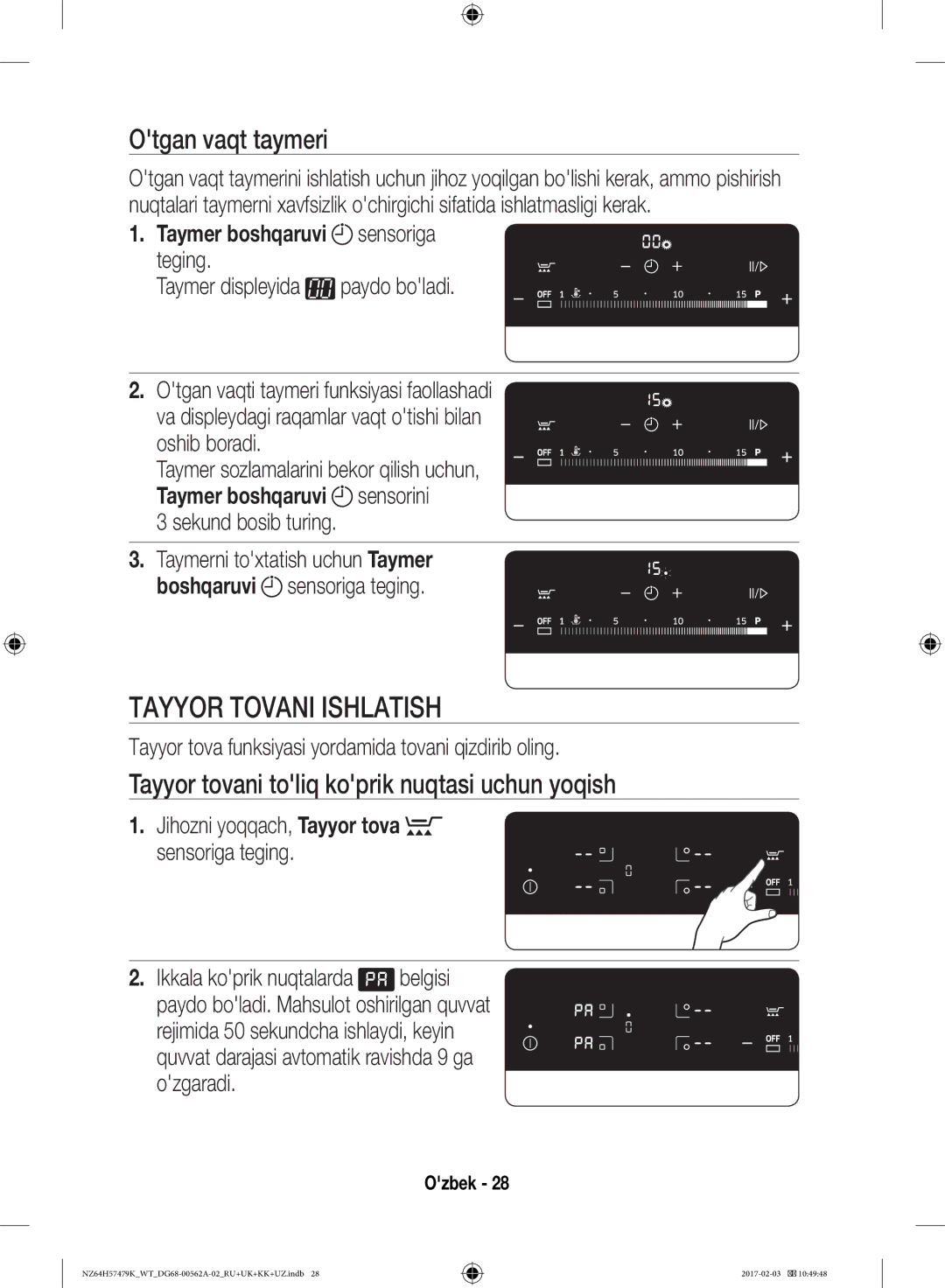 Samsung NZ64H57479K/WT manual Tayyor Tovani Ishlatish, Otgan vaqt taymeri, Tayyor tovani toliq koprik nuqtasi uchun yoqish 