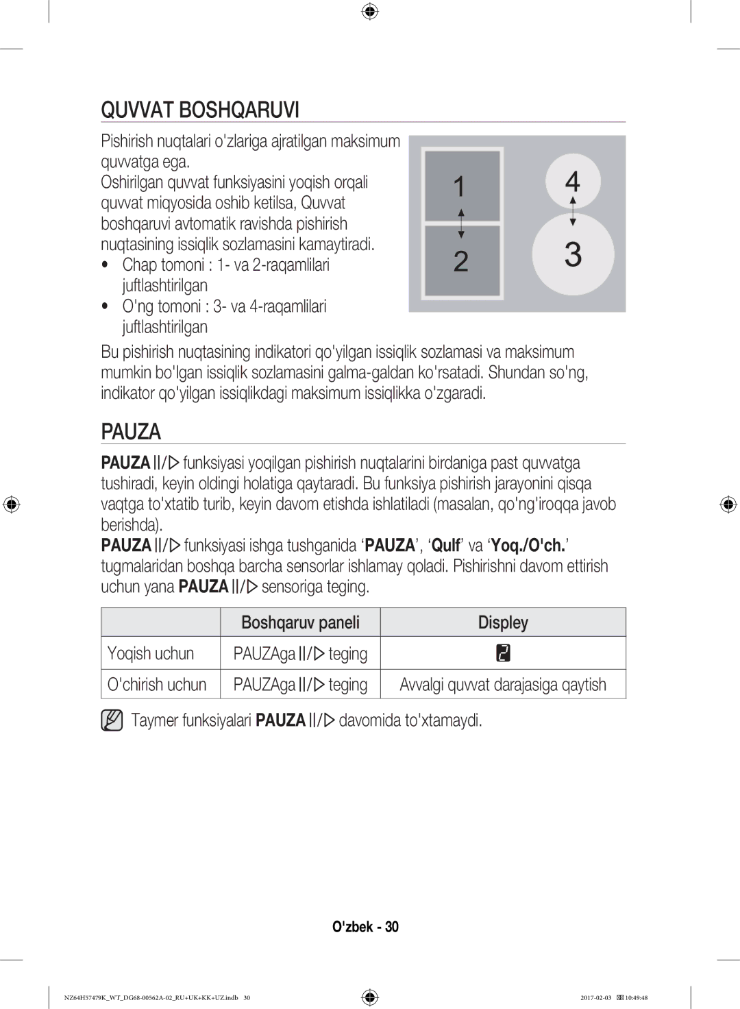 Samsung NZ64H57479K/WT, NZ64H57477K/WT manual Quvvat Boshqaruvi, Pauza, Chap tomoni 1- va 2-raqamlilari juftlashtirilgan 