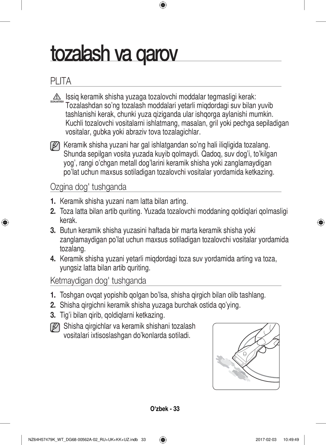 Samsung NZ64H57477K/WT, NZ64H57479K/WT manual Tozalash va qarov, Plita, Ozgina dog tushganda, Ketmaydigan dog tushganda 