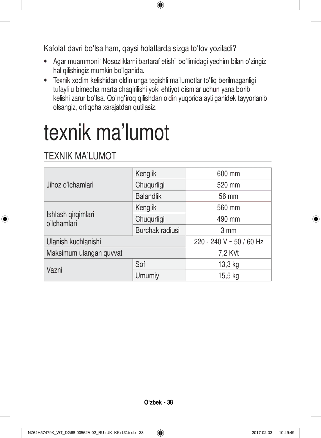 Samsung NZ64H57479K/WT, NZ64H57477K/WT manual Texnik malumot, Texnik Malumot 