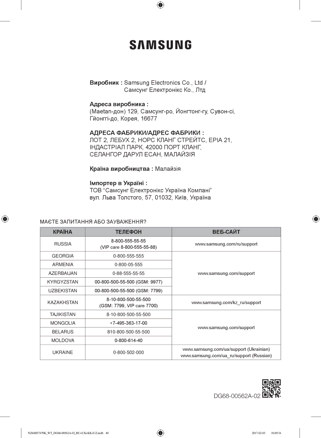 Samsung NZ64H57479K/WT, NZ64H57477K/WT manual Адреса ФАБРИКИ/АДРЕС Фабрики 