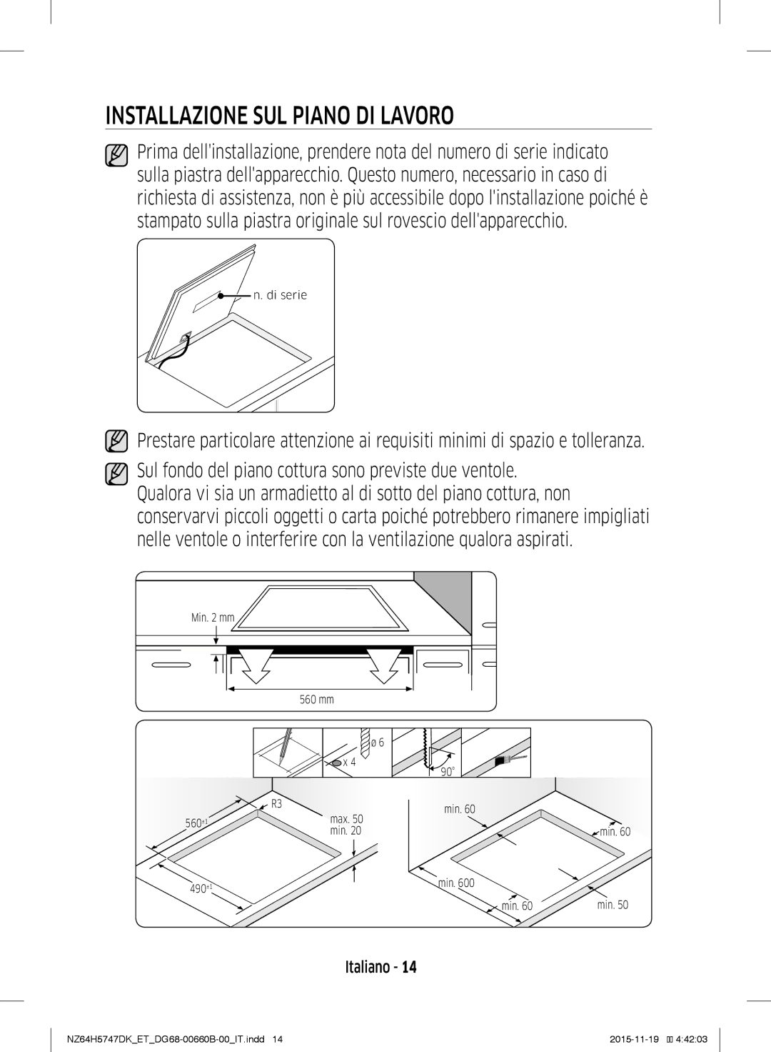 Samsung NZ64H5747DK/ET manual Installazione SUL Piano DI Lavoro 