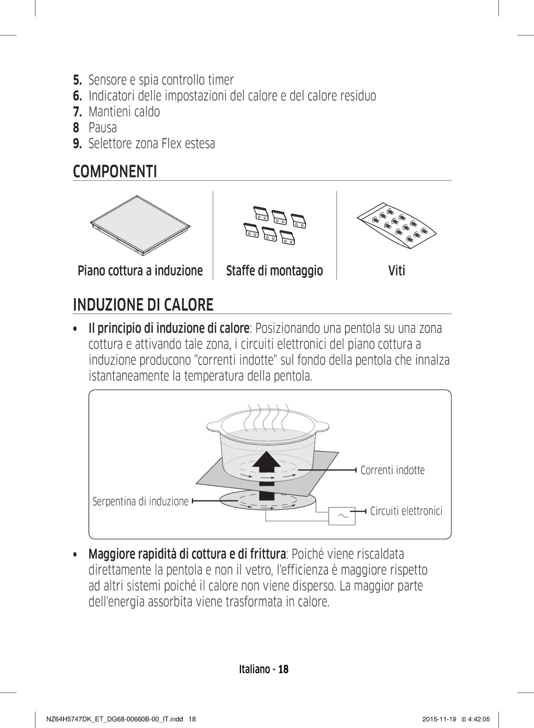 Samsung NZ64H5747DK/ET manual Componenti, Induzione DI Calore, Piano cottura a induzione Staffe di montaggio Viti 