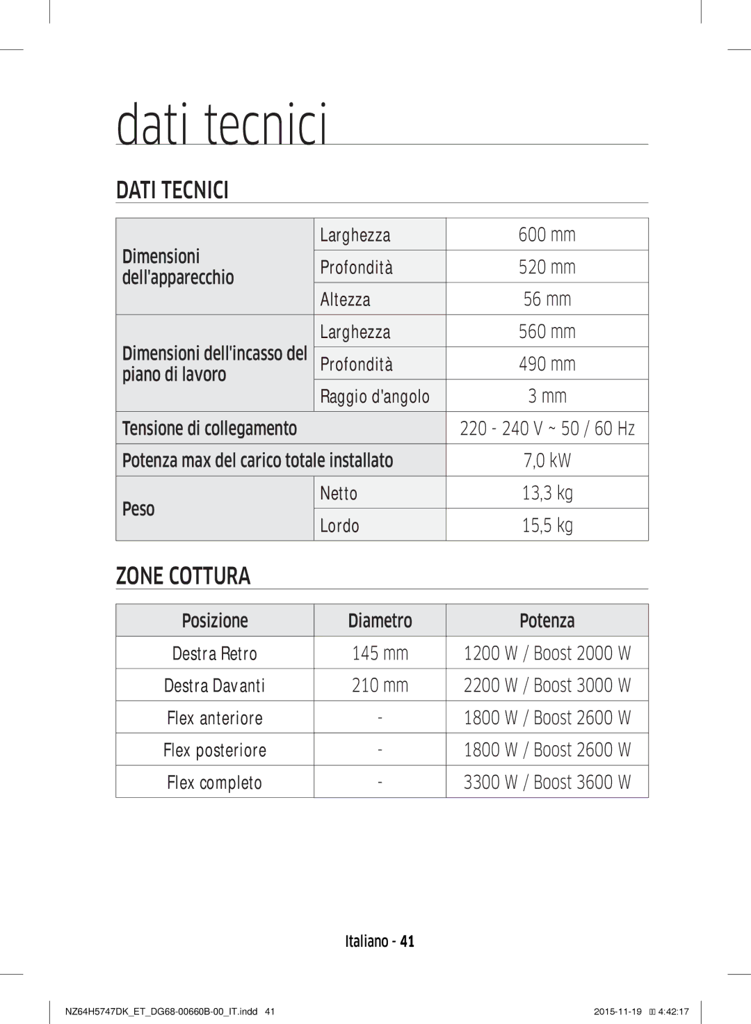 Samsung NZ64H5747DK/ET manual Dati tecnici, Dati Tecnici 