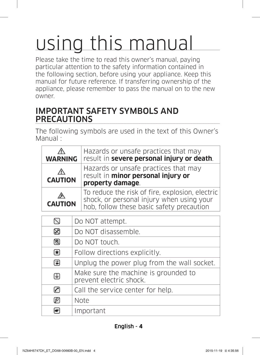 Samsung NZ64H5747DK/ET Using this manual, Important Safety Symbols and Precautions 