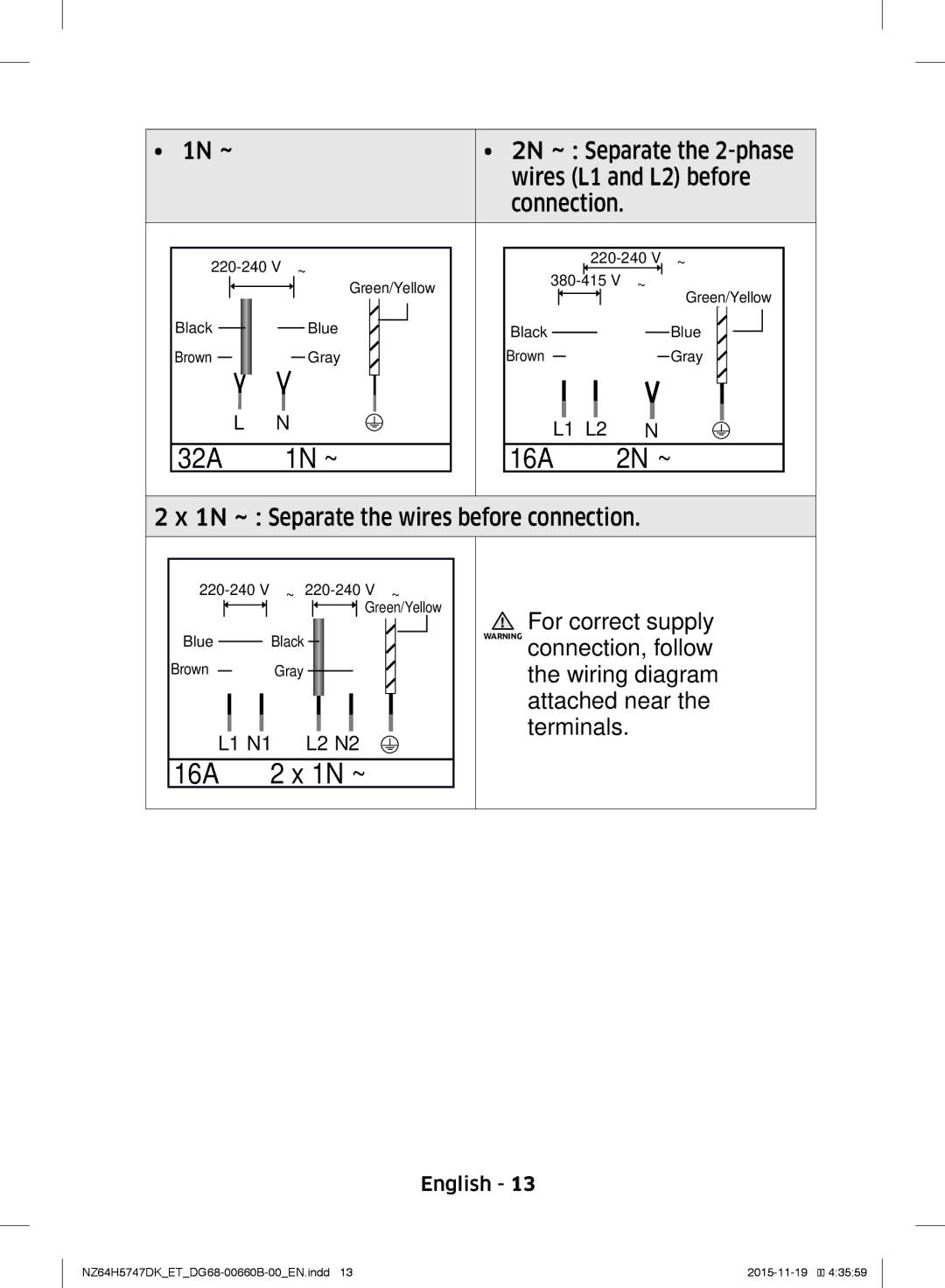 Samsung NZ64H5747DK/ET 1N ~ Separate the wires before connection, For correct supply, Connection, follow, Wiring diagram 