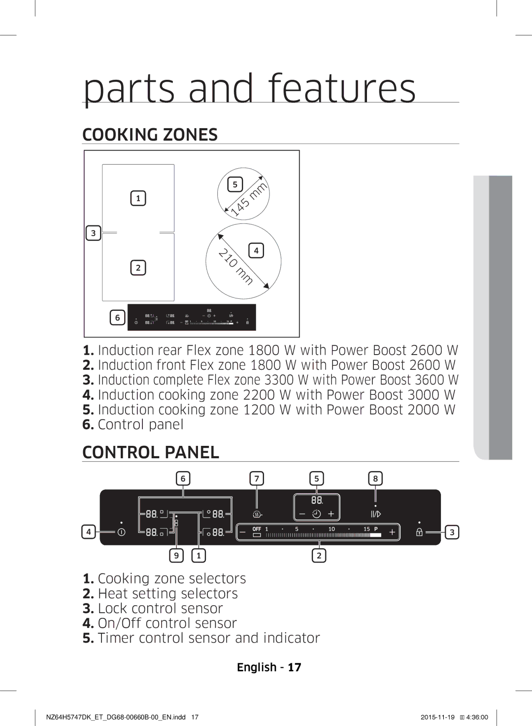 Samsung NZ64H5747DK/ET manual Parts and features, Cooking Zones, Control Panel, 210 