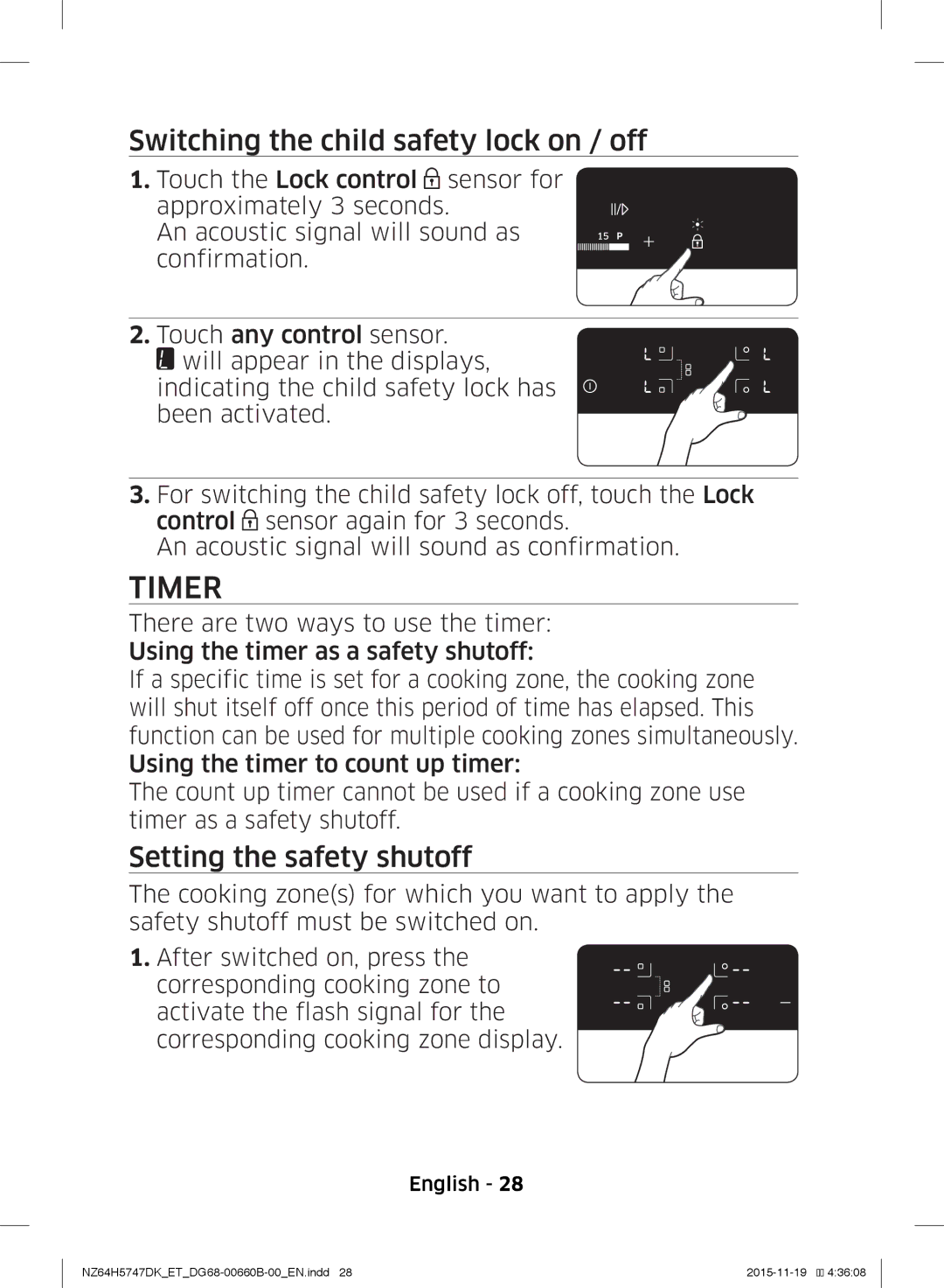 Samsung NZ64H5747DK/ET manual Switching the child safety lock on / off, Setting the safety shutoff 