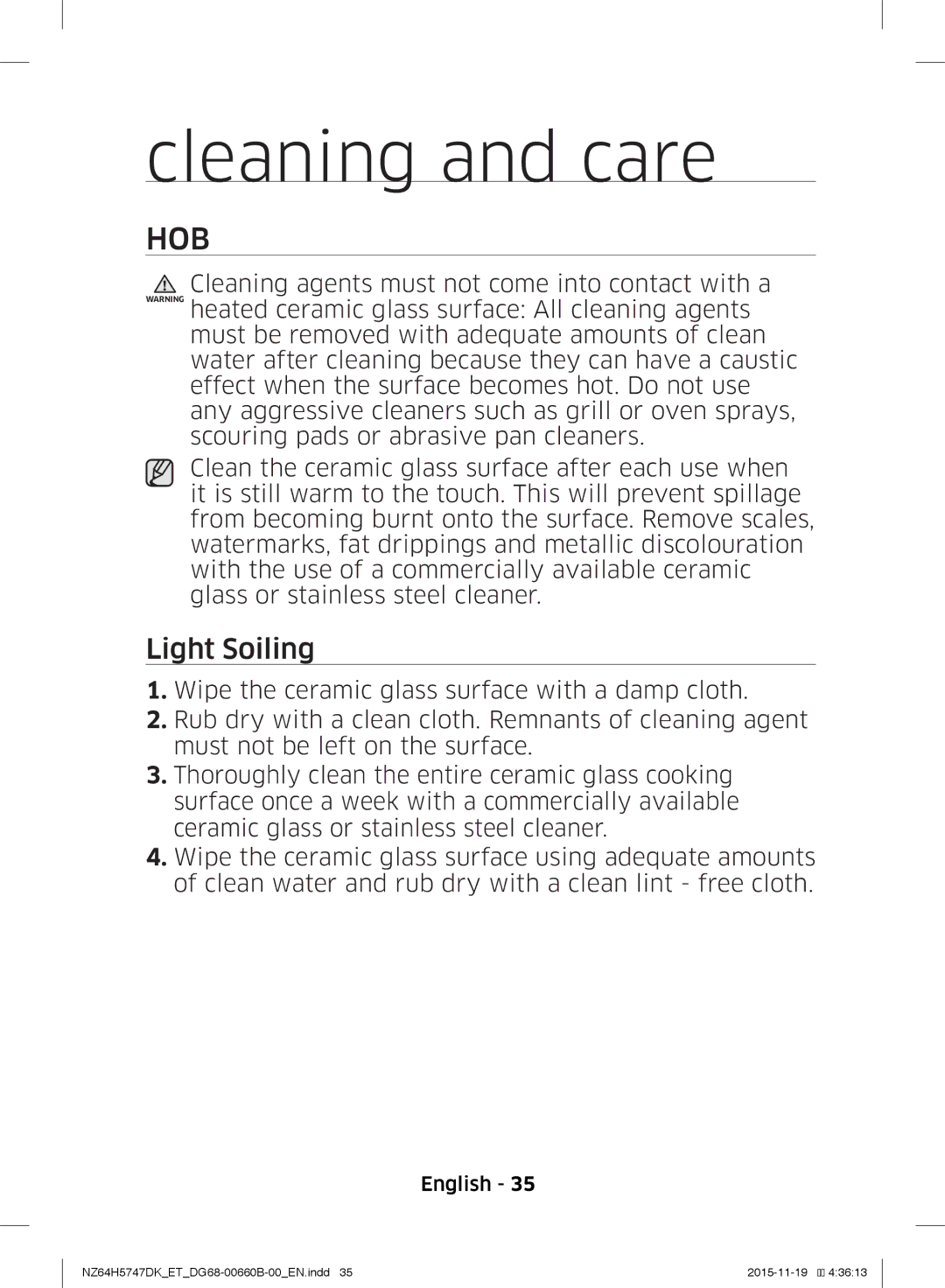 Samsung NZ64H5747DK/ET manual Cleaning and care, Hob, Light Soiling 