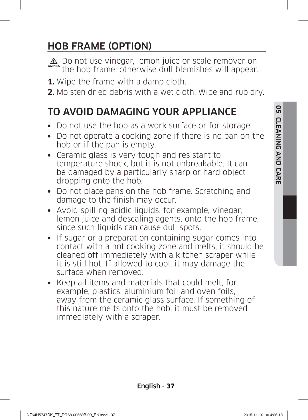 Samsung NZ64H5747DK/ET manual HOB Frame Option, To Avoid Damaging Your Appliance 