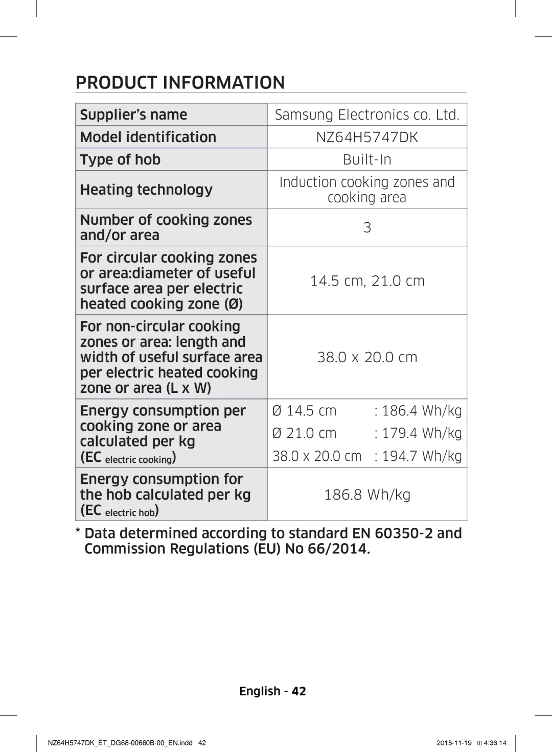 Samsung NZ64H5747DK/ET manual Product Information, Energy consumption for 186.8 Wh/kg Hob calculated per kg 