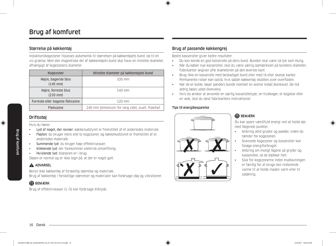 Samsung NZ64K5747BK/EE manual Størrelse på køkkentøj, Driftsstøj, Brug af passende køkkengrej 