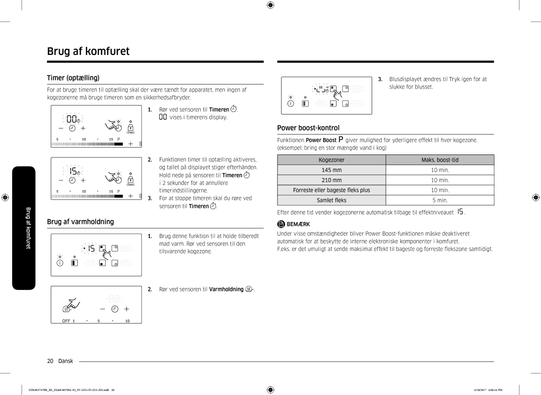 Samsung NZ64K5747BK/EE manual Timer optælling, Brug af varmholdning, Power boost-kontrol 