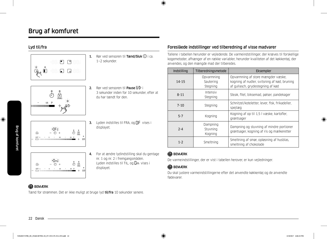 Samsung NZ64K5747BK/EE manual Lyd til/fra, Foreslåede indstillinger ved tilberedning af visse madvarer 