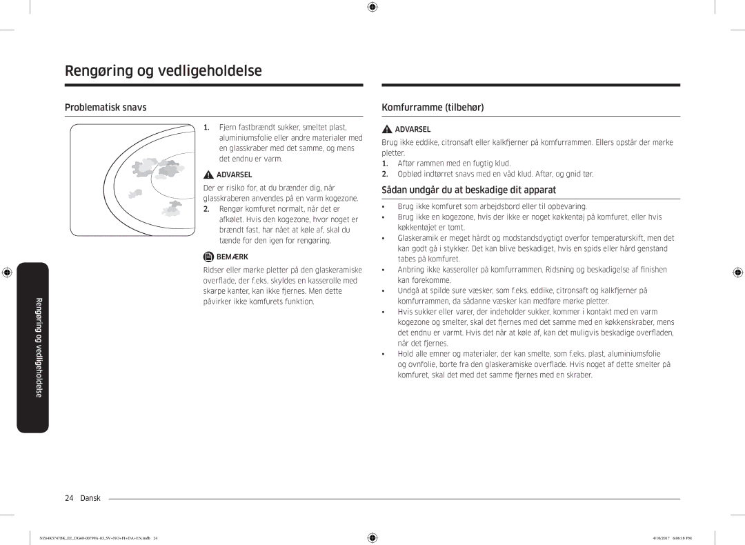 Samsung NZ64K5747BK/EE manual Problematisk snavs, Komfurramme tilbehør, Sådan undgår du at beskadige dit apparat 