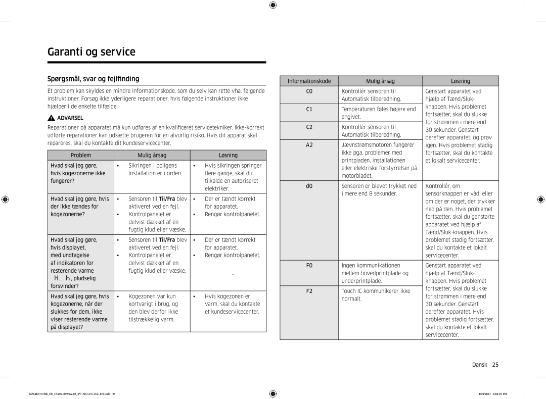 Samsung NZ64K5747BK/EE manual Garanti og service, Spørgsmål, svar og fejlfinding 