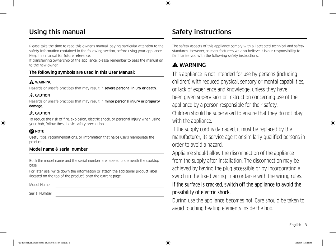 Samsung NZ64K5747BK/EE Using this manual, Safety instructions, Model name & serial number 