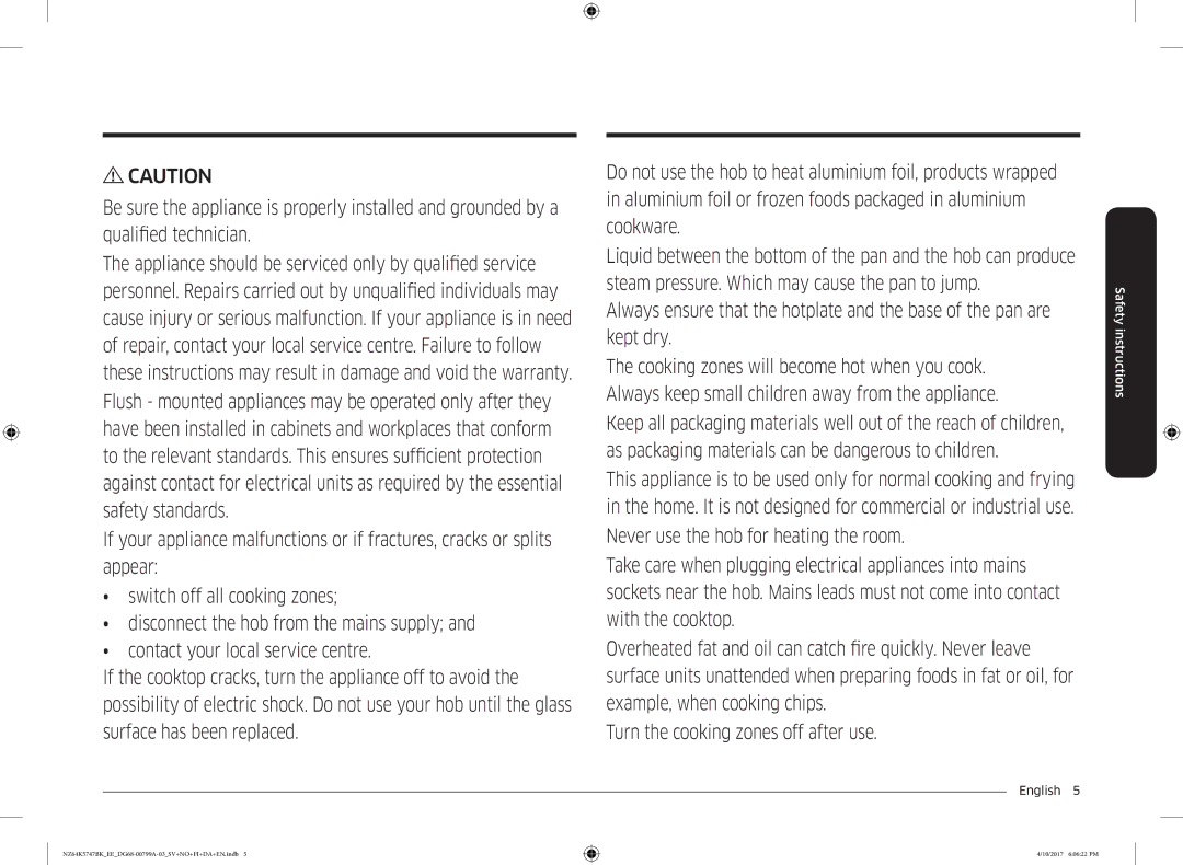 Samsung NZ64K5747BK/EE manual Safety instructions 