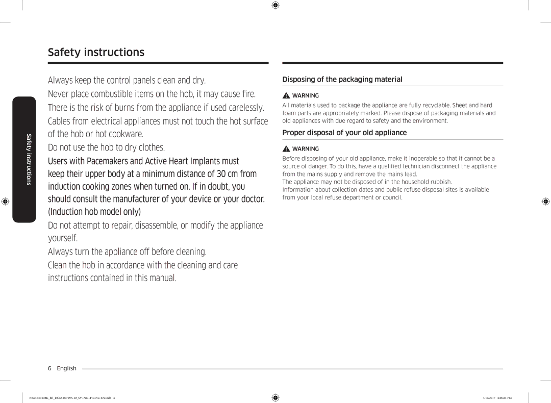 Samsung NZ64K5747BK/EE manual Disposing of the packaging material, Proper disposal of your old appliance 