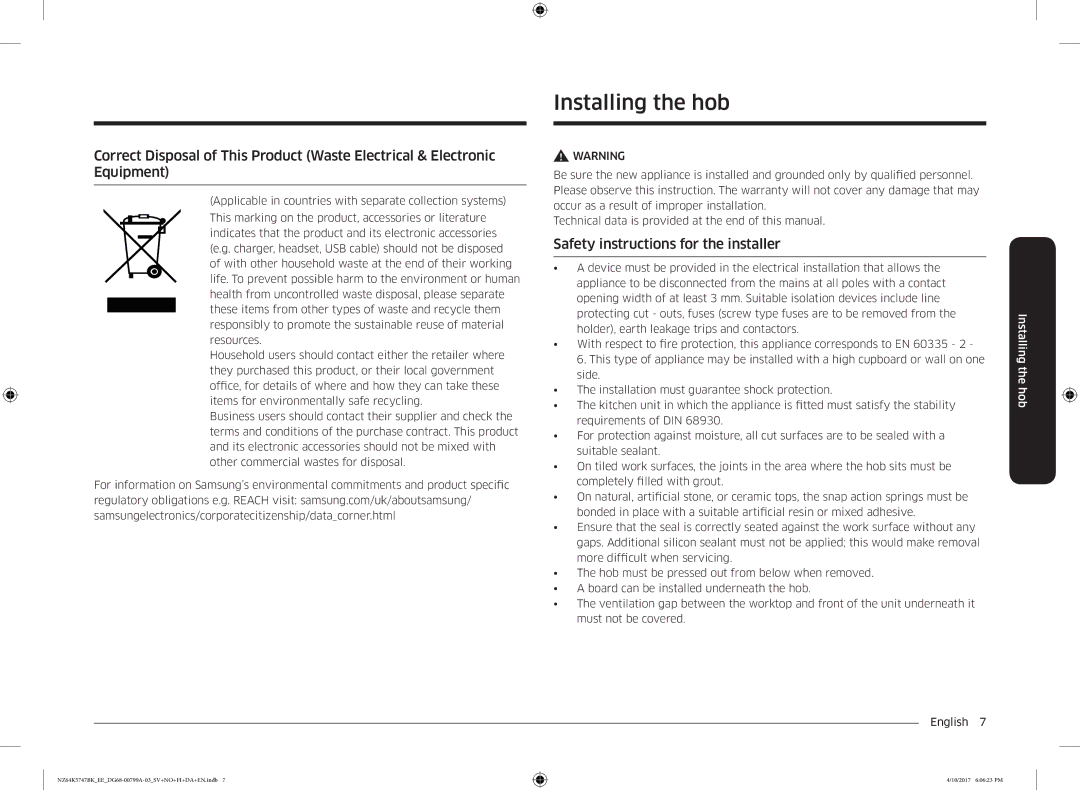 Samsung NZ64K5747BK/EE manual Installing the hob, Safety instructions for the installer 