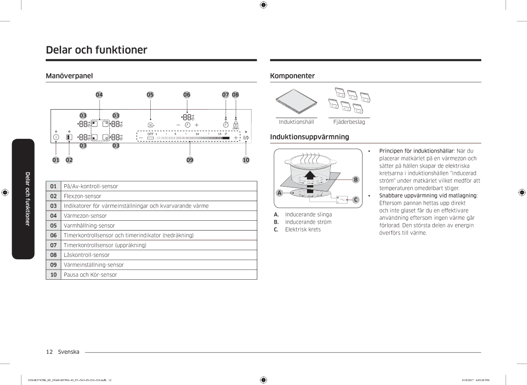 Samsung NZ64K5747BK/EE manual Manöverpanel, Komponenter, Induktionsuppvärmning 